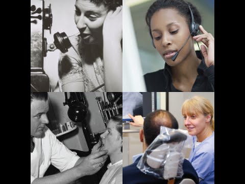Collage of photos featuring people talking on microphones and treating dental patients