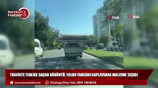 Trafikte tehlike saçan görüntü: Yolun yarısını kaplayarak malzeme taşıdı