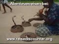 Schlangentanz mit Brillenschlange, Python und Affe am Strand von Sri Lanka.