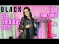 4K TRANSPARENT see-through BLACK outfits TRY ON with MIRROR view  Natural Petite Body