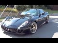 599 Ferrari speeding off almost fishtails into parked cars..
