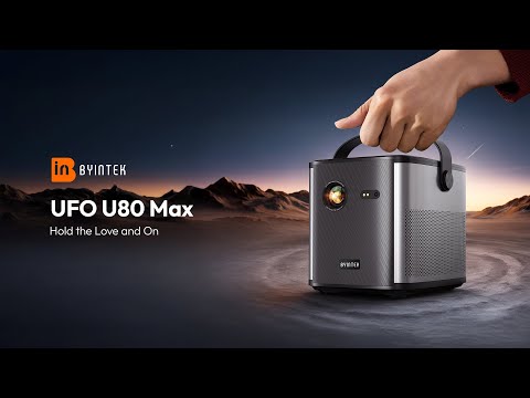 BYINTEK UFO U80 MAX prenosni 3D LED DLP projektor, GoogleTV, Dual WIFI, Bluetooth, polnilna baterija, 500 ANSI lumnov, samodejni fokus, STEREO zvočniki, max 4K UHD, USB / HDMI / AUX, +daljinec, črn