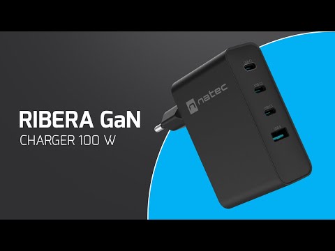 Natec RIBERA GaN polnilec, 100W, 1x USB-A, 3x USB-C, PD 3.0, QC 3.0, protokol PPS, univerzalna kompatibilnost, tehnologija GaN, varnostne zaščite, 94x86x35mm, črn