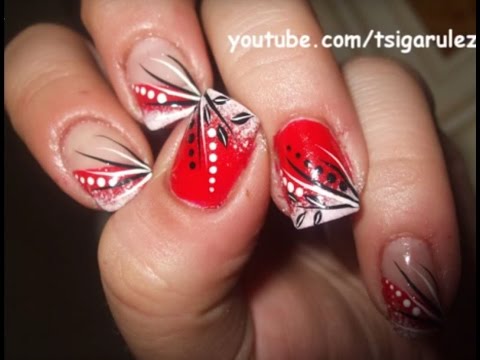 red nail polish art. Christmas nail art tutorial