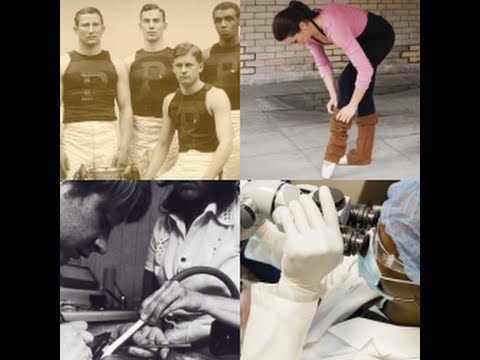 Collage of photos featuring old high school athletic team and person looking at microscope