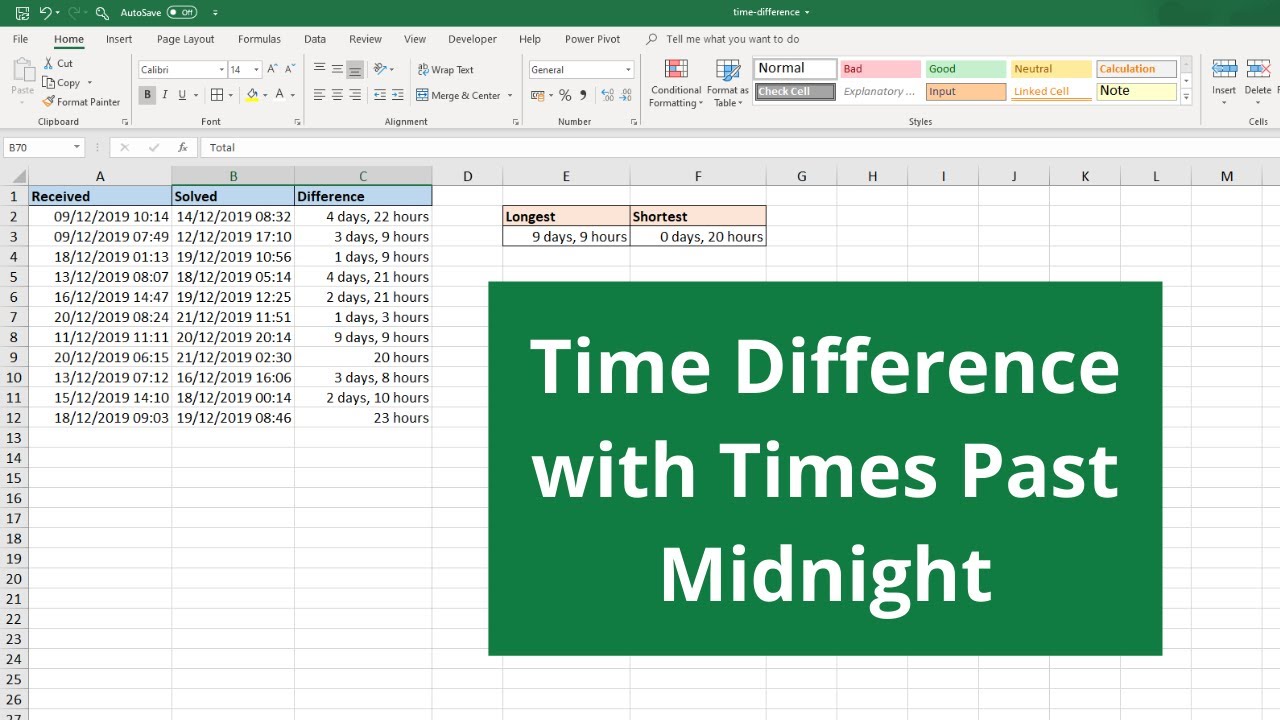 calculate timecode difference in excel