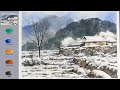 Winter Landscape Watercolor - Snowy Village (3x speed, View color names) NAMIL ART