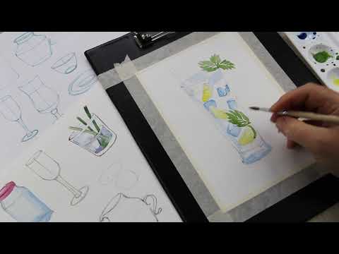 Обучающее видео как акварелью поэтапно рисовать коктейль
