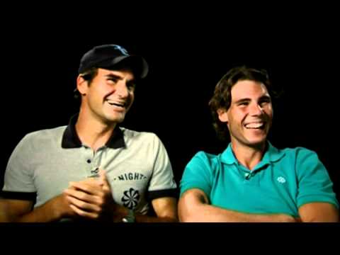 Roger Federer and Rafael Nadal at the shooting of a promotional spot for their charity match