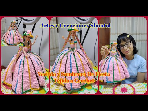 Como Tejer Este Bello Vestido y Sombrero De Fiesta Para Muñeca Paso a Paso Tejido a Crochet.