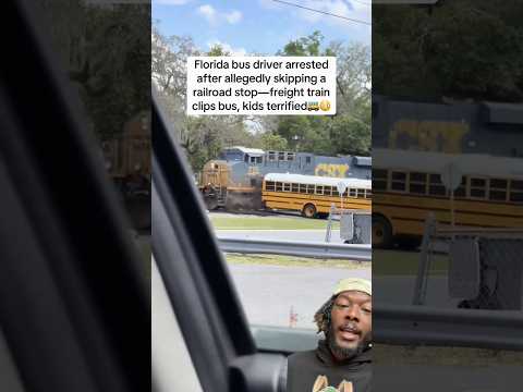 Bus driver arrested after allegedly skipping a railroad stop—freight train clips bus 😳 #DroppNHook