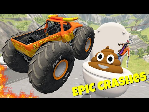 Monster Jam INSANE Jumps and Wrecks Into GIANT Poo Emoji | BeamNG Drive - Grave Digger