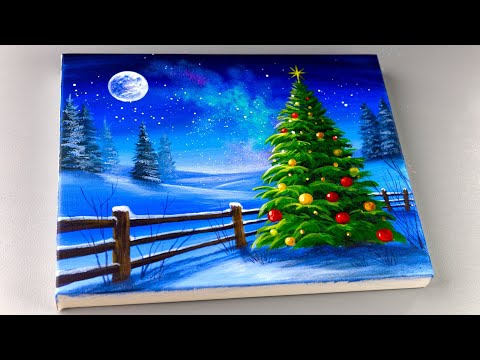 How to Paint a Christmas Tree in a Snowy Winter Night | Step-by-Step Acrylic Painting Tutorial