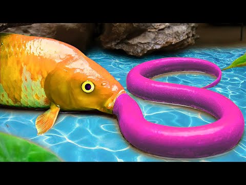 Colorful Koi vs Evil Catfish Team | Stop Motion ASMR Fish Battle, Eels, Crabs, Eggs
