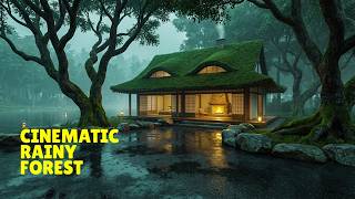 Peaceful Rainy Evening At A Moss Covered Japanese Lake House Surrounded By Misty Forest Trees