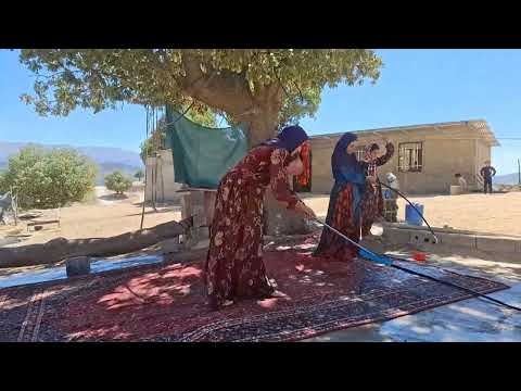 Nomadic Life: Bahjat Washing a Carpet in Mountain Nature🏡