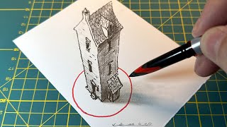 How To Draw An Old House In One Point Perspective - From A Bird's Eye View
