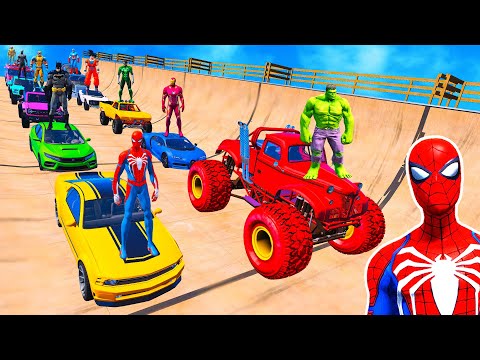 SPIDERMAN CARS RACING MOUNTAIN MEGA Ramp Challenge, SUPEHEROES HULK GOKU Trucks Epic Stunts - GTA 5