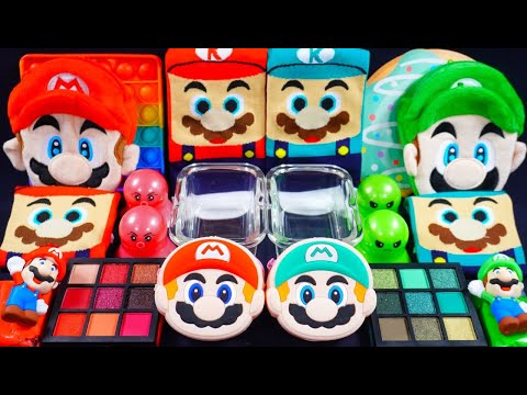 🌈ASMR🌈 Mixing "Mario VS Luigi" MakeUp Eyeshadow,Glitter Into Clear Slime satisfying #슬라임 (624)