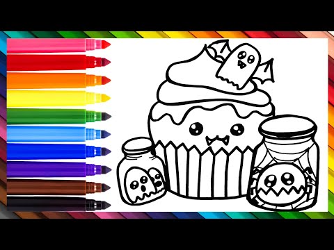 DIBUJA Y COLOREA UN LINDO CUPCAKE DE HALLOWEEN 🧁🎃🕷️🕸️💀🖤🌈 DIBUJOS PARA NIN̈OS