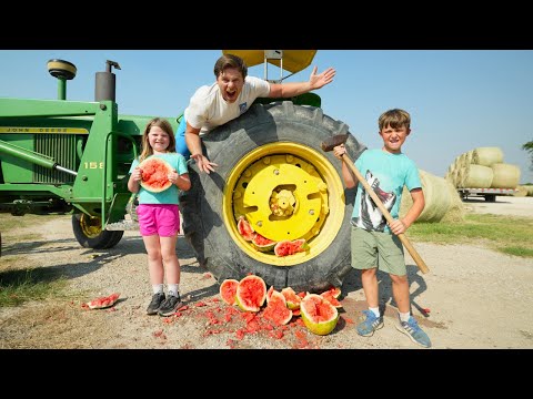 Kids Playing on Farm with Real Tractors and Toys