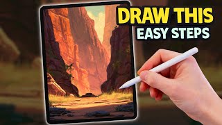 PROCREATE Dramatic Canyon Landscape Drawing Tutorial | Vibrant Lighting & Colour