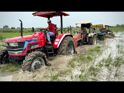 3 Tractors Pulling New Holland 3630 Stuck in Mud Swaraj 855 Fe John Deere Mahindra Arjun NOVO 605