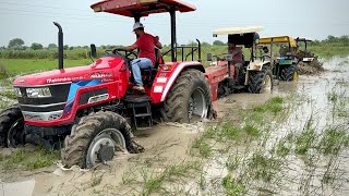 3 Tractors Pulling New Holland 3630 Stuck in Mud Swaraj 855 Fe John Deere Mahindra Arjun NOVO 605