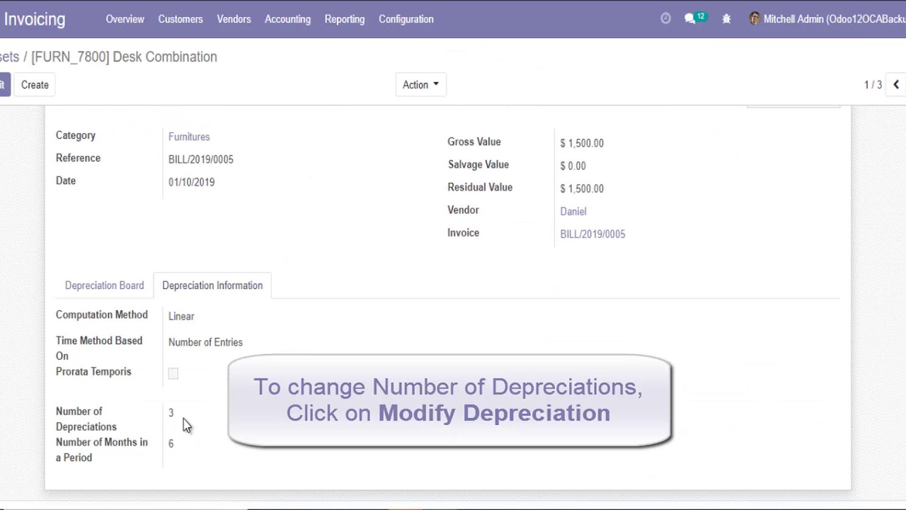 Odoo 12 - Asset Management | 11.01.2019

Manage your company Asset. Asset Management allows to create Assets. Assets type, Generate depreciation entries, Modify ...