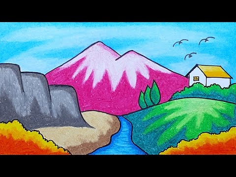 Easy Scenery Drawing | How To Draw Mountain and River Scenery Step by Step With Oil Pastels