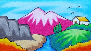 Easy Scenery Drawing | How To Draw Mountain and River Scenery Step by Step With Oil Pastels