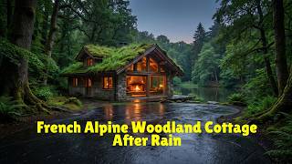 French Alpine Woodland Cottage After Rain | Cozy Fireplace Ambience for Deep Sleep