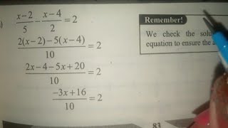 Solve the following equation and check your result x-2/5-x-4/2=2, x-2/5-x-4/2=2 solve and check