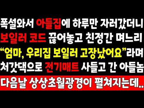 실화사연-폭설와서 아들집에 하루만 자러갔더니 보일러 코드 끊어놓고 친정간 며느리 "엄마 우리집 보일러 고장났어요"라며 처갓댁으로 전기매트 사들고 간 아들놈! 다음날 상상초월관경이