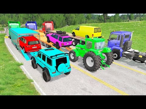 Triple Flatbed Trailer McQueen Transportation with Truck - Speedbumps vs Cars vs Train - BeamNG #13