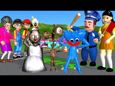 Scary Teacher 3D vs Squid Game Play Game Relay Race and Siren Head Shooting with Control by Police