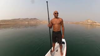 Paddleboarding Dick's Cove at Lake Mead on a smoky day.