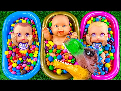 Rainbow Satisfying Video | Best Mixing Candy ASMR in Three BathTubs with Slime & Funny Dinosaur