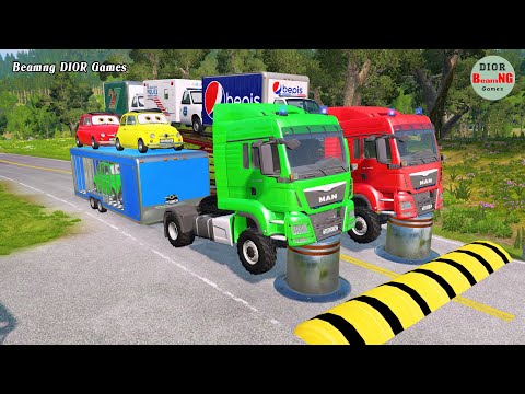 Double Flatbed Trailer Truck vs speed bumps|Busses vs speed bumps|Beamng Drive|1054