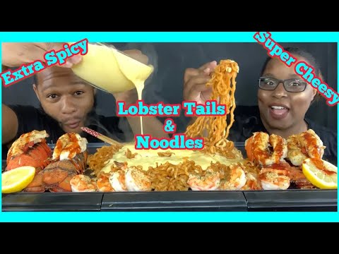 2x SPICY LOBSTER TAILS & NUCLEAR NOODLES MUKBANG WITH CHEESE SAUCE!!!