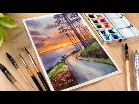 Watercolor painting for beginners Sunset Rural Road and Trees Landscape