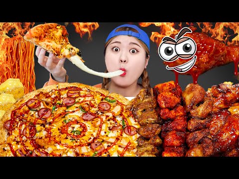 MUKBANG ASMR Mala Chicken & Pizza & Tteokbokki EATING SHOW by HIU 하이유