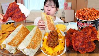 ASMR MUKBANG| 직접 만든 부리또 내슈빌 핫치킨 불닭볶음면 먹방 & 레시피 GRILLED CHEESE BURRITO AND FRIED CHICKEN EATING