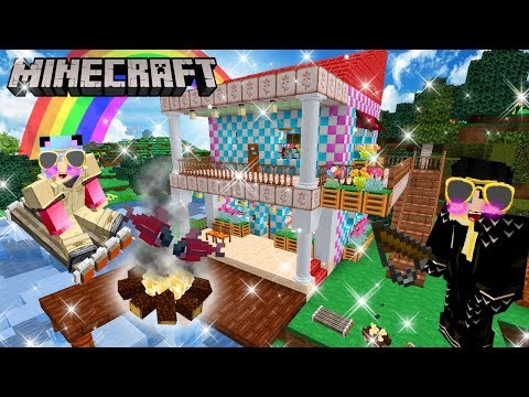Minecraft สร้างบ้านลายตารางหมากรุกริมน้ำ คราฟแพ ตกปลา ตั้งแคมป์ไฟในป่า build house game