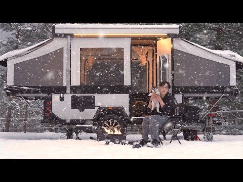 Winter Snow Camping in $9,900 FULL-AUTOMATIC Pop-up Trailer with Puppy