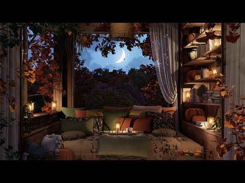 Cozy Autumn Rain Ambience🌙🍂 Autumn Night in a Cozy Porch | Gentle Rain, Night Breeze & Nature Sounds