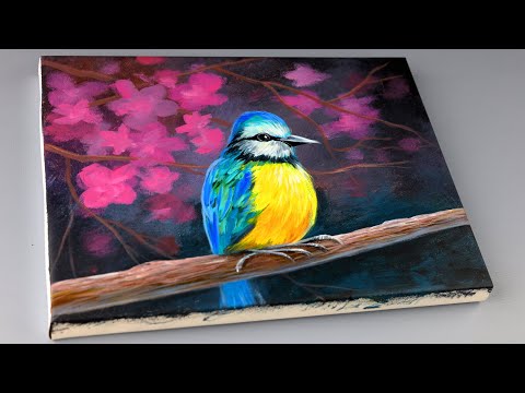 Bird painting / Bird on a branch with flowers / Acrylic Painting Technique