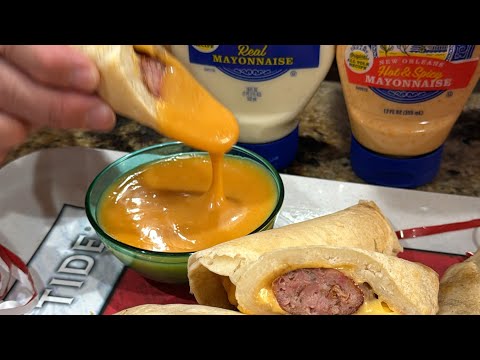 Cheesy Smoked Sausage Pancake Pigs in a Blanket with a Blue Plate Mayo Sweet and Spicy Dipping Sauce