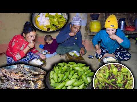 Buff Dry Meat & Caigua BARELA mix recipe with rice cooking & eating in The village | Chuchche Karela