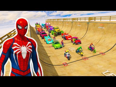 Siêu Nhân Người Nhện Chạy Xe Ô Tô Cứu Hỏa Giải Cứu Blue Hulk, Spiderman Racing Car VS Superheroes 2